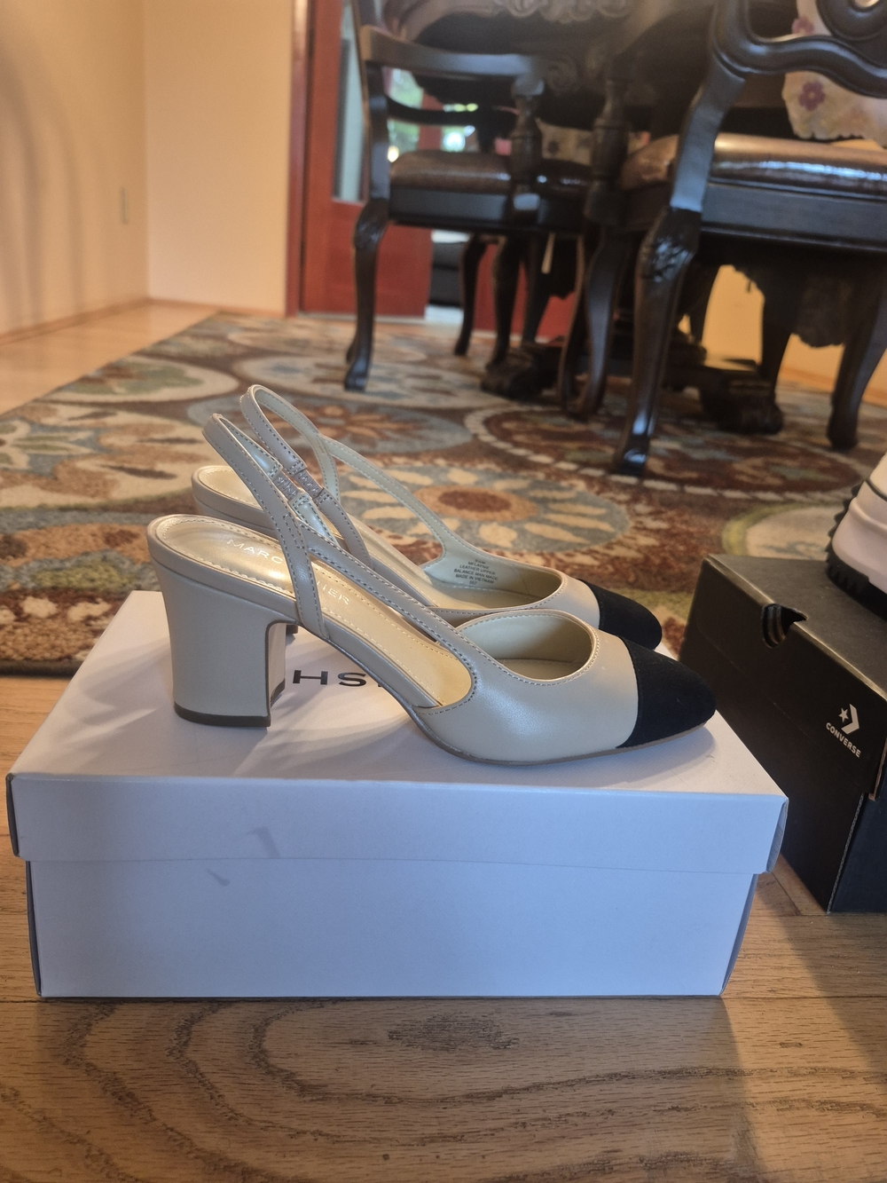Marc Fisher Laynie Beige Slingback Block Heel Pumps with Black Cap Toe